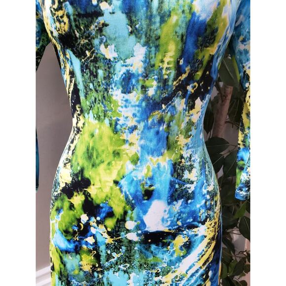 Womens Knee Length Bodycon Dress Medium Multi Polyester 3/4 Sleeve Round Neck - Picture 3 of 10